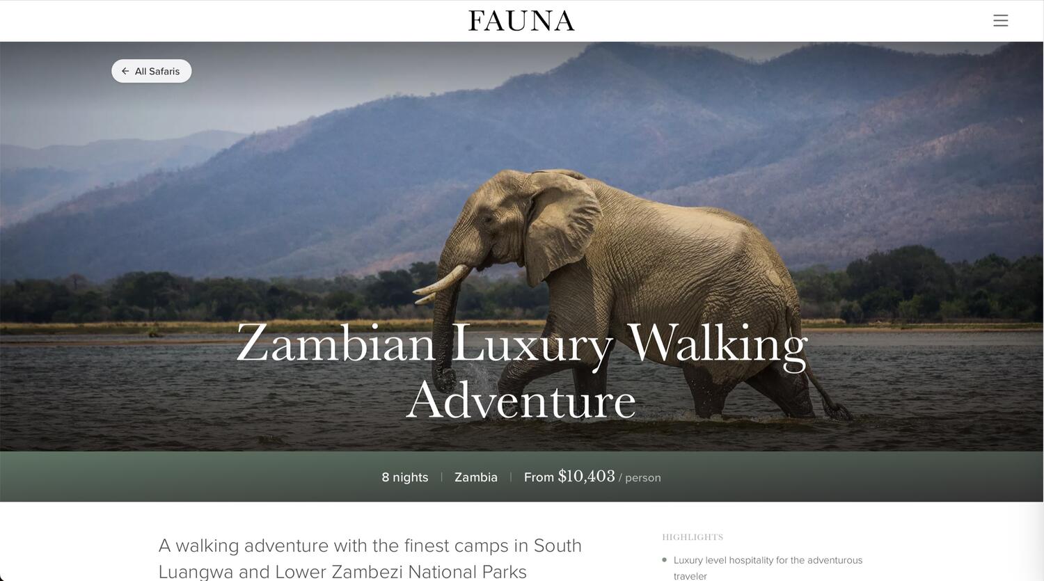 A Fauna trip page: 'Zambian Luxury Walking Adventure,' 8 nights in Zambia from $10,403 per person