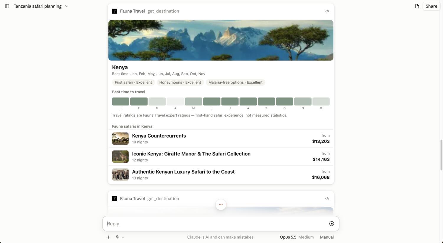 Claude calling the Fauna Travel MCP server and rendering a Kenya destination card — seasonality ratings and real Fauna safaris — inline in the chat