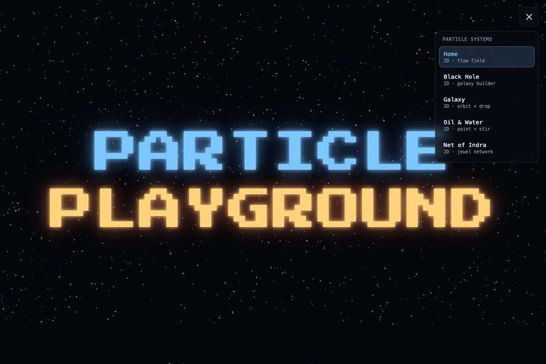 Particle Playground — a glowing pixel-font logo over a starfield flow-field sketch