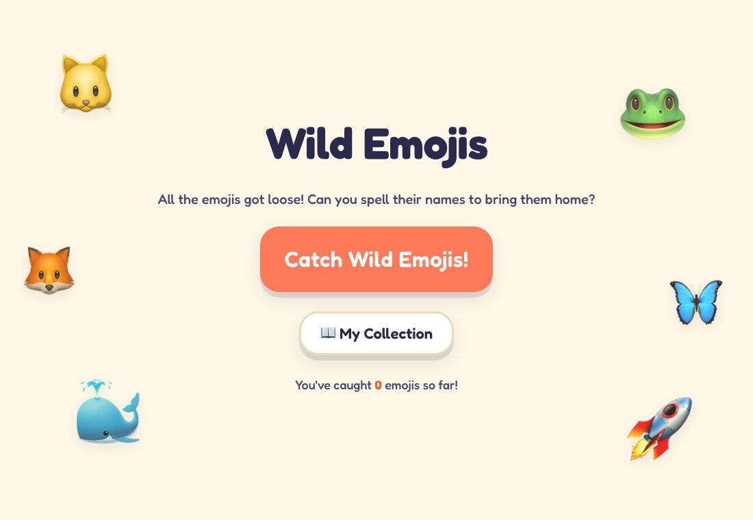 Wild Emojis — a friendly start screen with a 'Catch Wild Emojis!' button and floating emoji