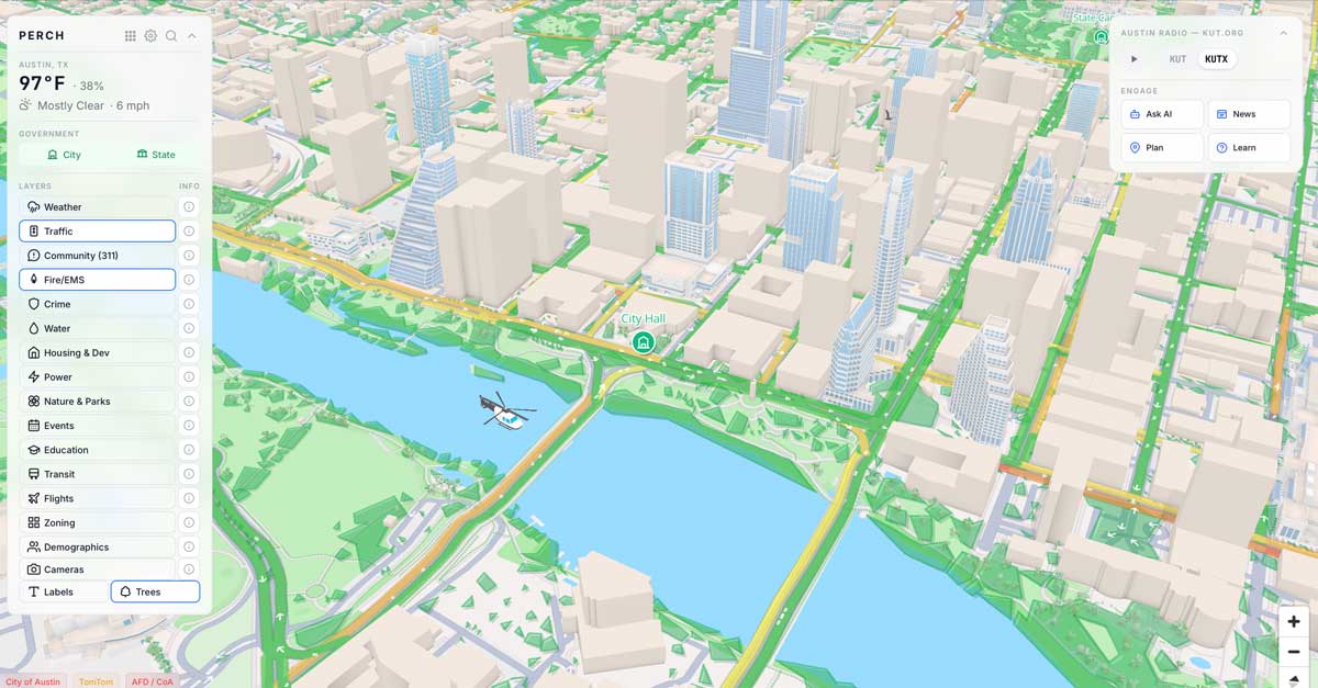 Perch — a 3D isometric civic dashboard of downtown Austin along Lady Bird Lake